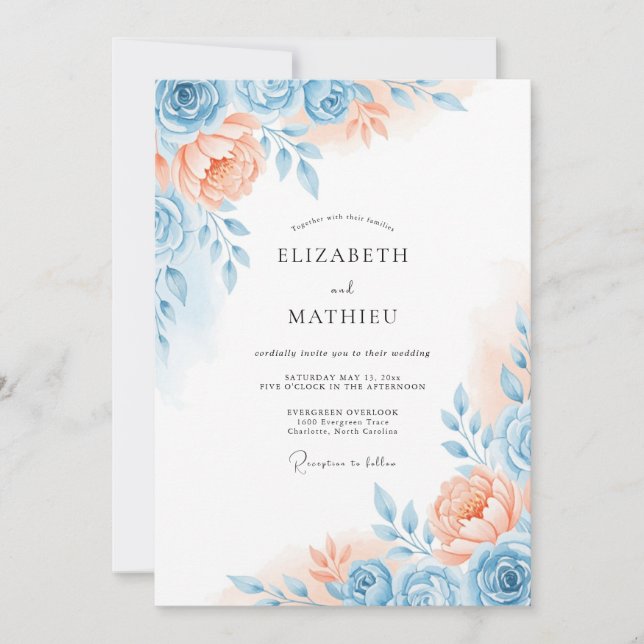 Invitation Mariage Romance Floral Bleu Corail (Devant)