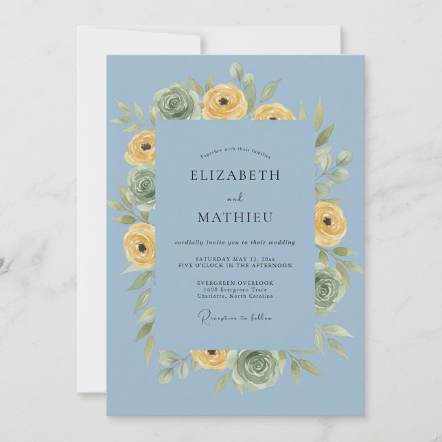 Invitation Mariage Romance Floral Bleu Poussiéreux (Devant)