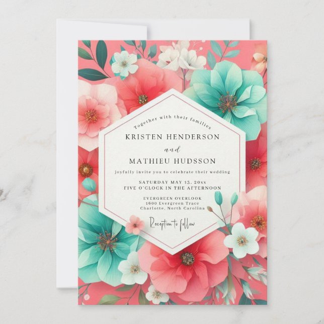 Invitation Mariage Romance Floral Corail (Devant)