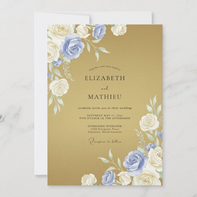 Invitation Mariage Romance Floral Crème Bleue (Devant)