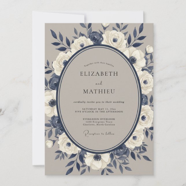 Invitation Mariage Romance Floral Crème de la Marine (Devant)