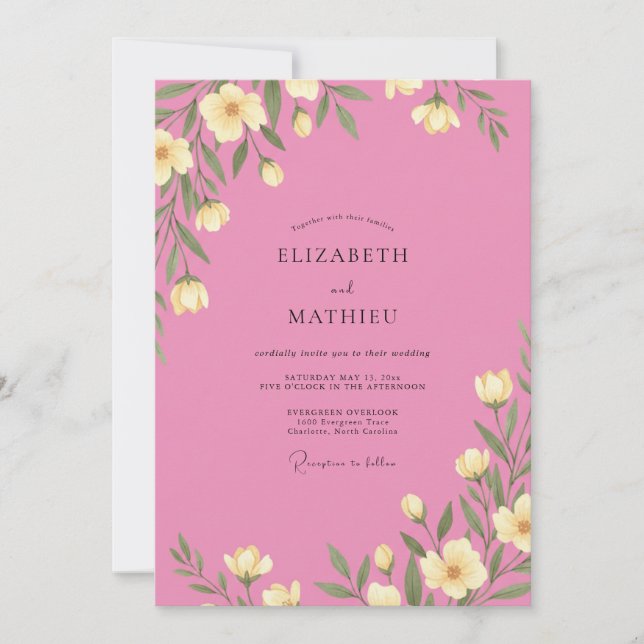 Invitation Mariage Romance Floral Délicat Jaune (Devant)