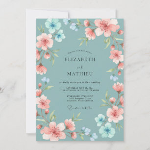 Invitation Mariage Romance Floral Délicat Sarcelle
