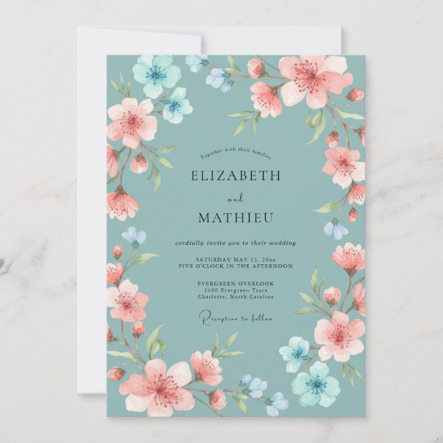 Invitation Mariage Romance Floral Délicat Sarcelle (Devant)