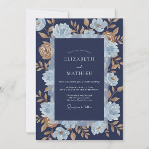 Invitation Mariage Romance Floral Doré Bleu Marine
