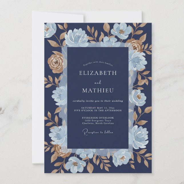 Invitation Mariage Romance Floral Doré Bleu Marine (Devant)