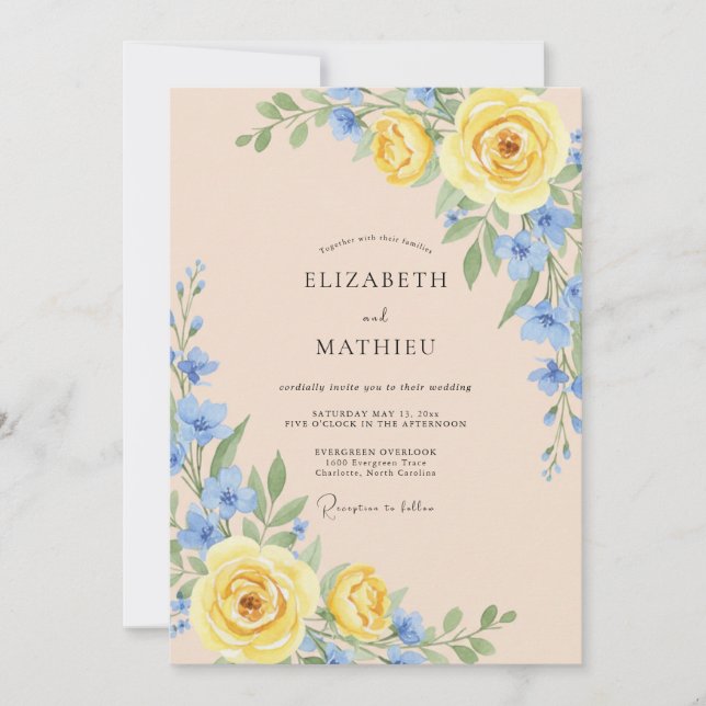 Invitation Mariage Romance Floral Doux Jaune (Devant)
