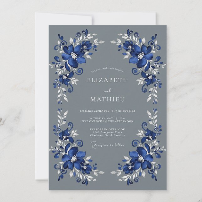Invitation Mariage Romance Floral Riche Bleu (Devant)