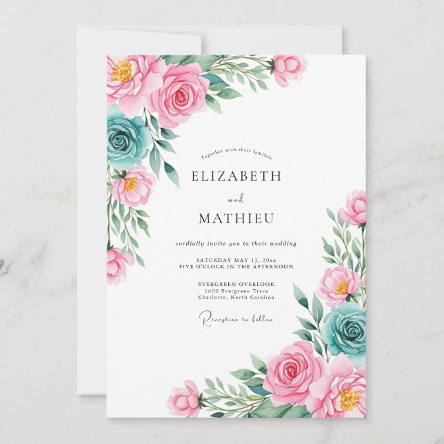 Invitation Mariage Romance Floral Rose Téâl (Devant)