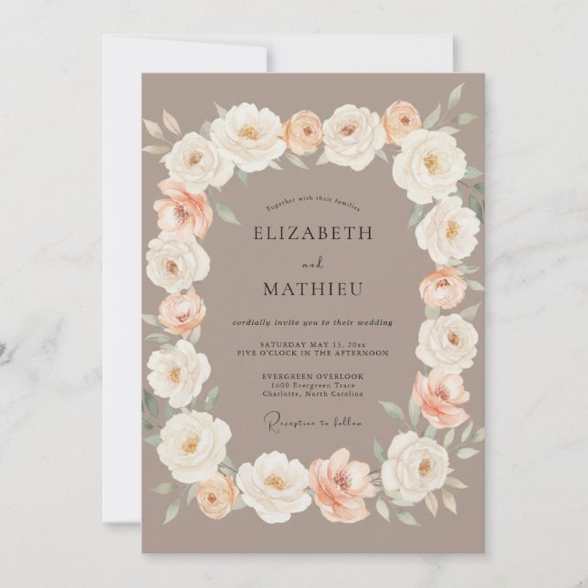Invitation Mariage Romance Floral Taupe (Devant)