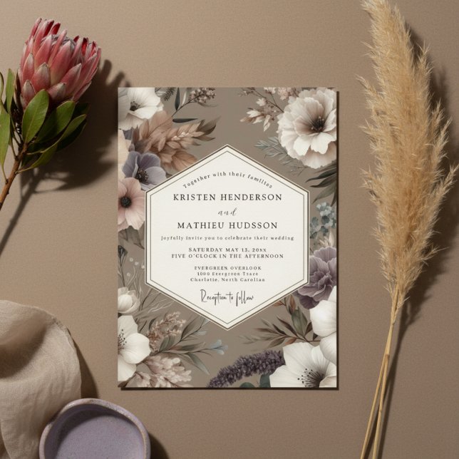 Invitation Mariage Romance Floral Taupe Atmosphère (Créateur téléchargé)