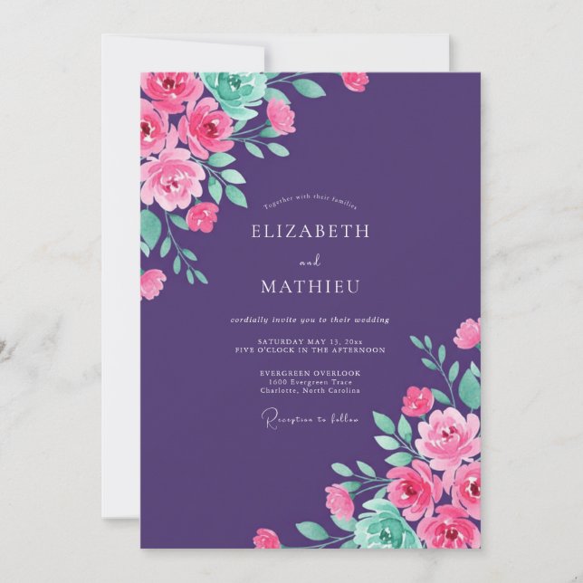 Invitation Mariage Romance Floral Vibrant Prune Profond (Devant)