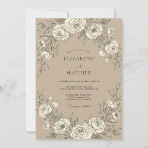 Invitation Mariage Romance Floral Vintage Beige