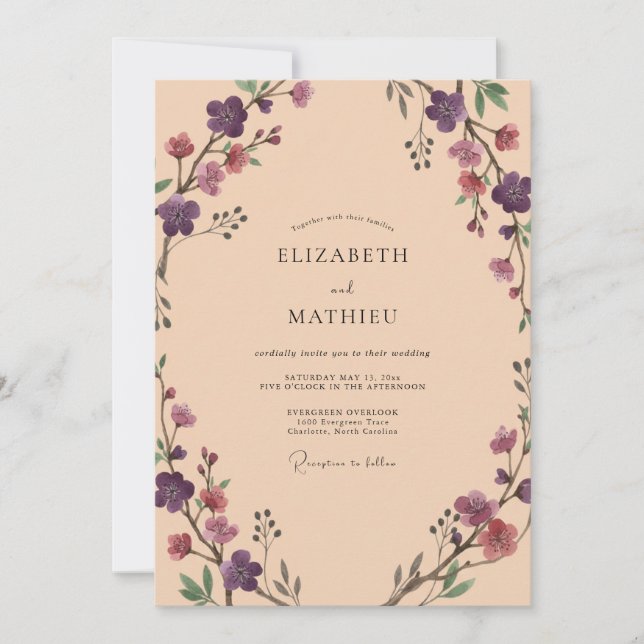 Invitation Mariage Romance Florale Abricot Pourpre (Devant)