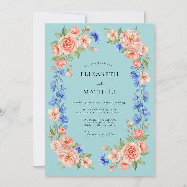 Invitation Mariage Romance Florale Aquamarine Péché (Devant)