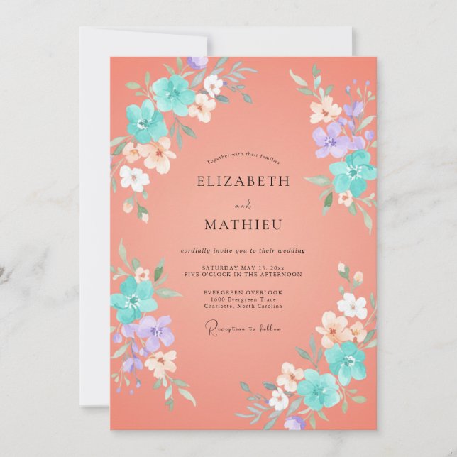 Invitation Mariage Romance Florale Aquarelle Corail (Devant)
