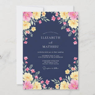Invitation Mariage Romance Florale Aquarelle Navy