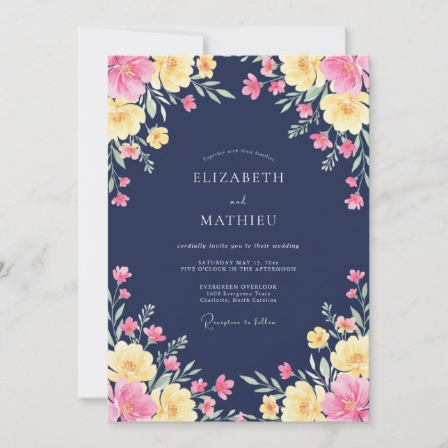 Invitation Mariage Romance Florale Aquarelle Navy (Devant)