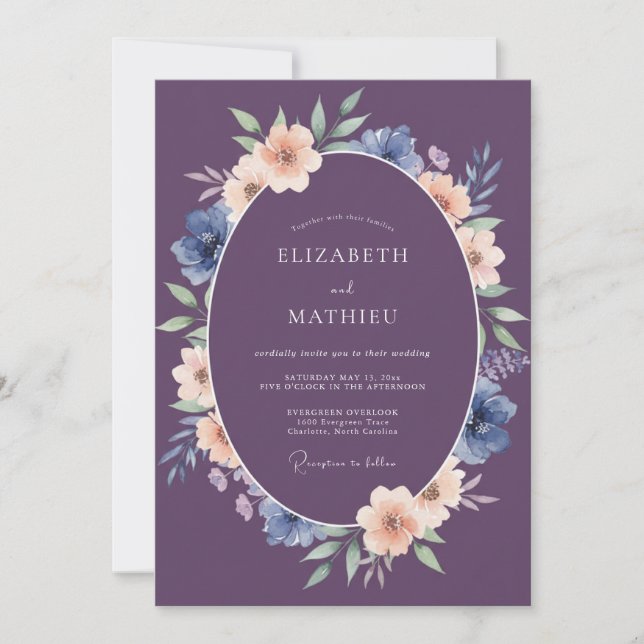 Invitation Mariage Romance Florale Artistique prune (Devant)