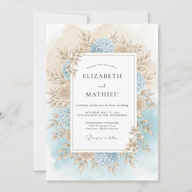 Invitation Mariage Romance Florale Automnale Bleue (Devant)