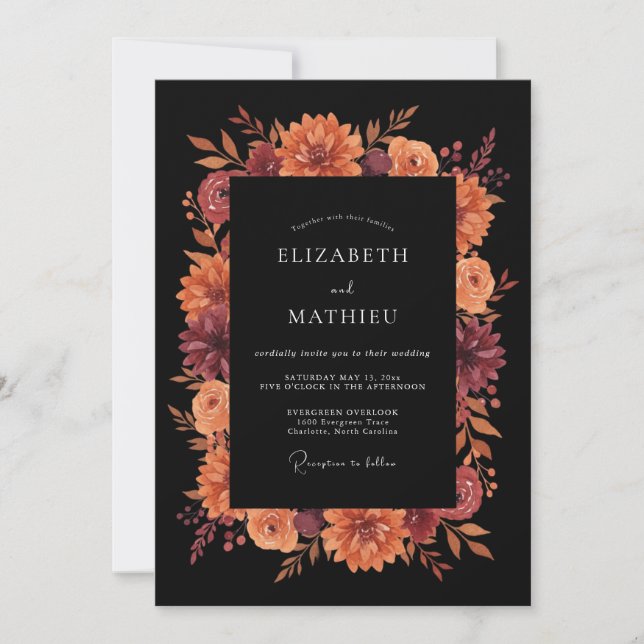 Invitation Mariage Romance Florale Automnale Bordeaux (Devant)