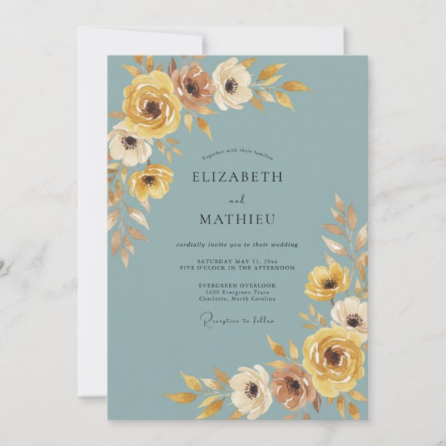 Invitation Mariage Romance Florale Automnale Turquoise (Devant)