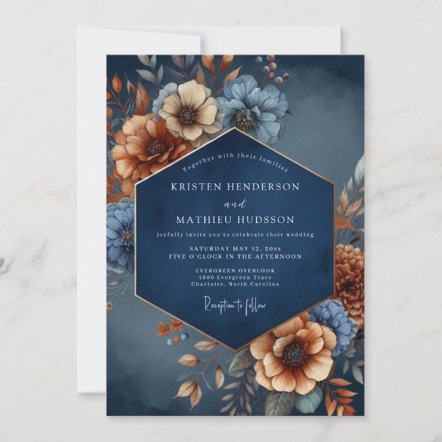 Invitation Mariage Romance Florale Automne Bleu Nuit (Devant)