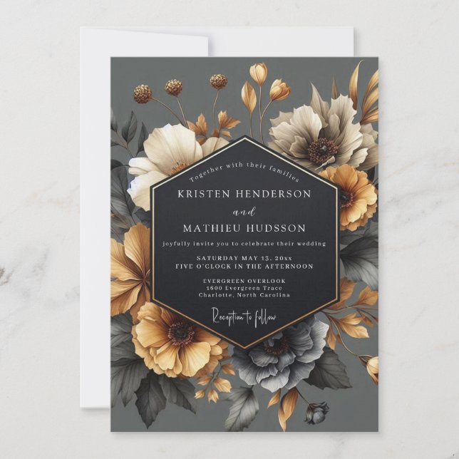 Invitation Mariage Romance Florale Automne Gris (Devant)