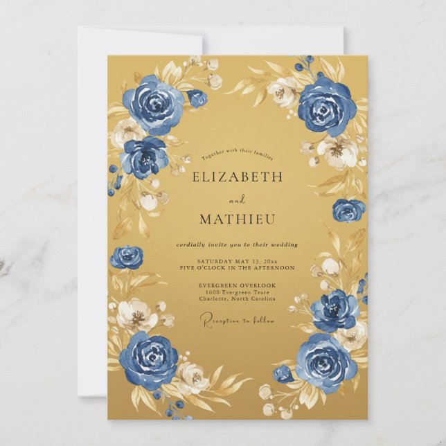 Invitation Mariage Romance Florale Bleu Doré (Devant)