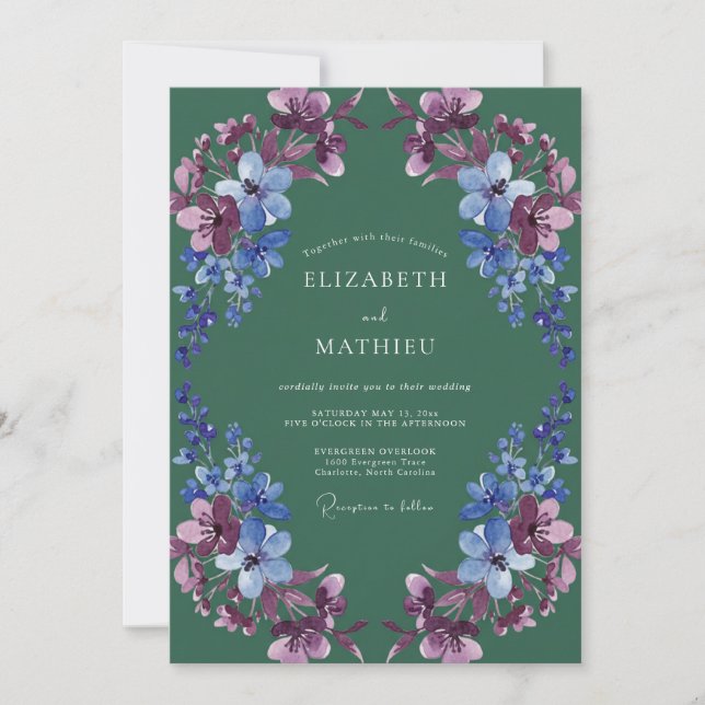 Invitation Mariage Romance Florale Bleu Emeraude (Devant)