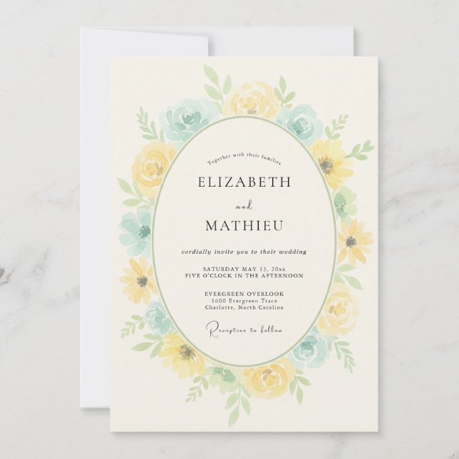 Invitation Mariage Romance Florale Bleu Jaune (Devant)