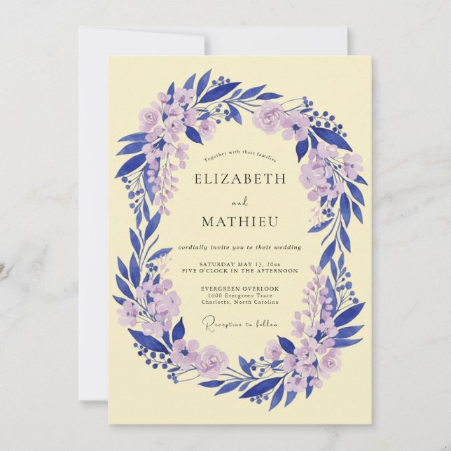 Invitation Mariage Romance Florale Bleu Lavande (Devant)