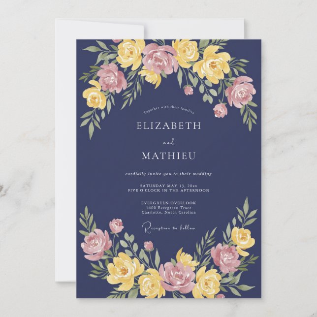 Invitation Mariage Romance Florale Bleu Navy Vivid (Devant)