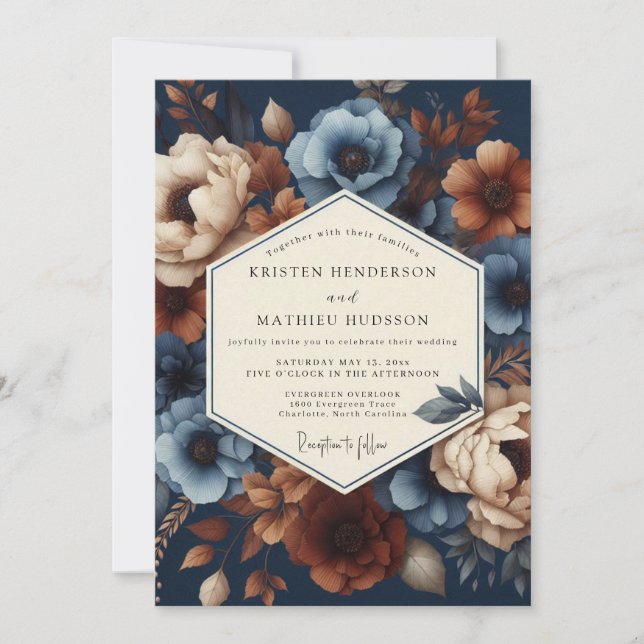 Invitation Mariage Romance Florale Bleu Nuit (Devant)