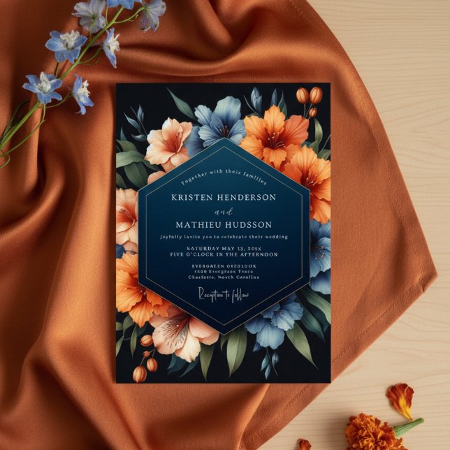 Invitation Mariage Romance Florale Bleu Nuit Automnal (Créateur téléchargé)