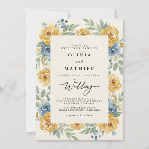 Invitation Mariage Romance Florale Bleu Ocre