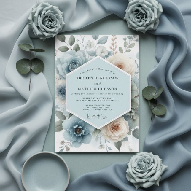 Invitation Mariage Romance Florale Bleu Poudre (Créateur téléchargé)