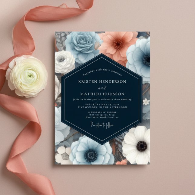Invitation Mariage Romance Florale Bleu Poussiéreux (Créateur téléchargé)