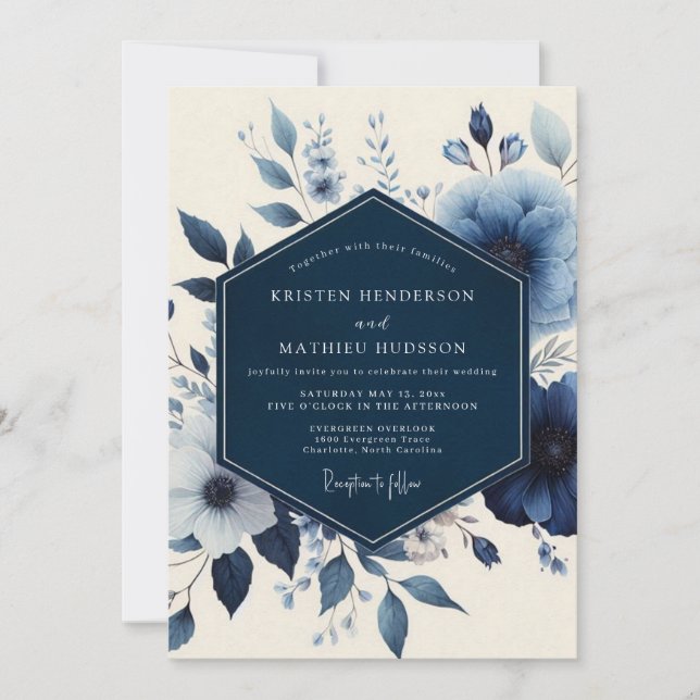 Invitation Mariage Romance Florale Bleu Profond (Devant)