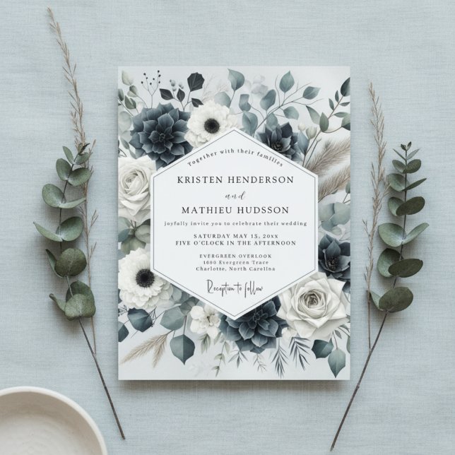Invitation Mariage Romance Florale Bleu Profond (Créateur téléchargé)