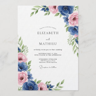 Invitation Mariage Romance Florale Bleu Royal
