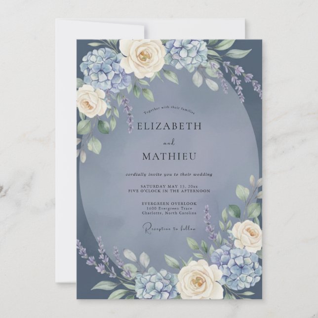 Invitation Mariage Romance Florale Bleue (Devant)