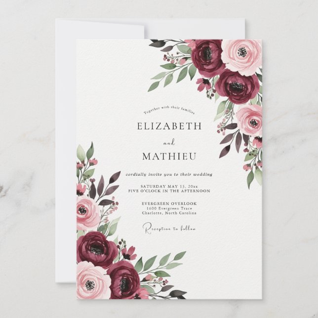 Invitation Mariage Romance Florale Bourgogne (Devant)