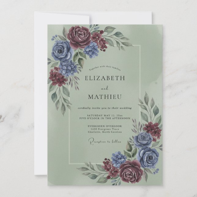 Invitation Mariage Romance Florale Bourgogne Bleu (Devant)