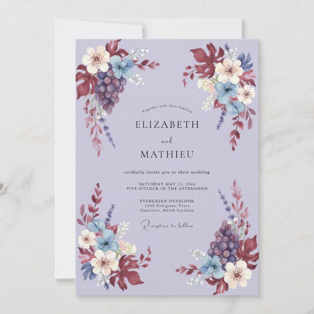 Invitation Mariage Romance Florale Bourguignonne de Récolte (Devant)