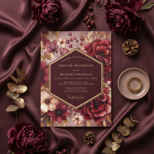Invitation Mariage Romance Florale Bourguignonne Luxueux