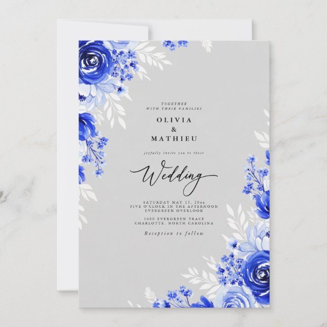 Invitation Mariage Romance Florale Cobalt (Devant)