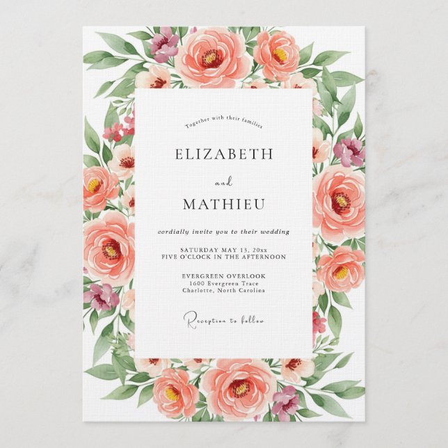 Invitation Mariage Romance Florale Corail (Devant)