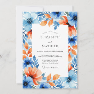 Invitation Mariage Romance Florale Corail Bleu