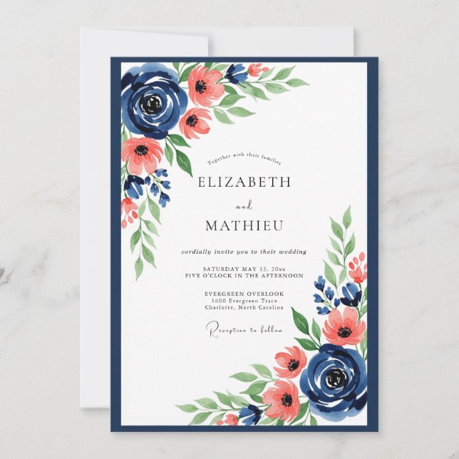 Invitation Mariage Romance Florale Corail Navy (Devant)